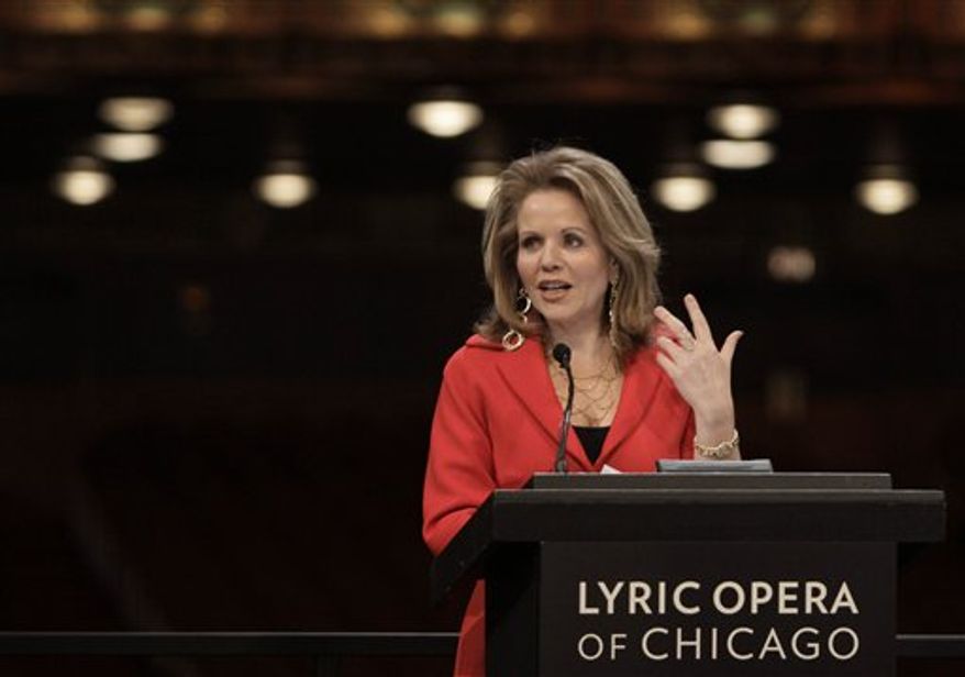 World renowned soprano Renee Fleming speaks during a news conference after the Lyric Opera of Chicago announced her appointment as a vice president and creative consultant, Thursday, Dec. 9, 2010, in Chicago. Among Fleming's commitments to the Lyric will be a performance in a staged concert of Andre Previn's "A Streetcar Named Desire" in spring 2013, reprising the Blanche DuBois role she created; an appearance in a production of Strauss' "Capriccio" in autumn 2014; and the curation of a world premiere opera for the 2016 season. (AP Photo/M. Spencer Green)