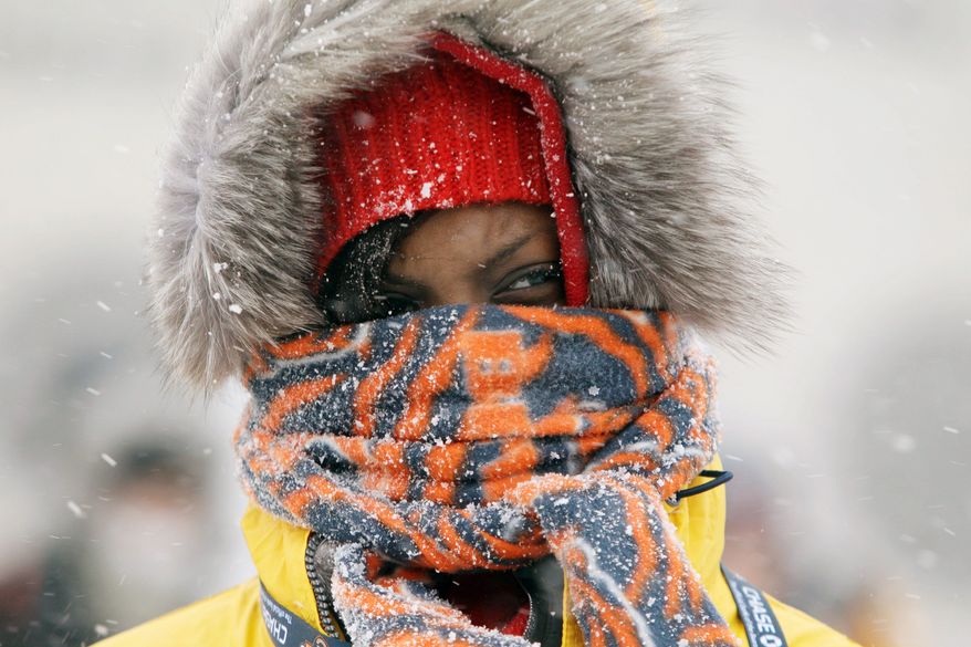 Chicago Bears fan Janise Ford arrives bundled up during a snowstorm at Soldier Field before an NFL football game between the Bears and the New England Patriots in Chicago on Sunday. (Associated Press)