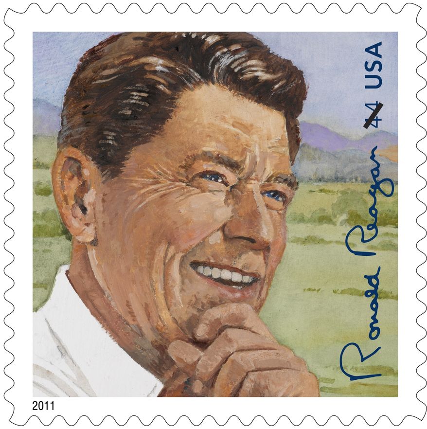 Although this preliminary design shows a 44-cent value, the 2011 Reagan birth centennial postage stamp will bear a &quot;forever&quot; inscription when issued on Feb. 10, 2011. The stamp will always be valid for mailing a 1-ounce first-class letter, the U.S. Postal Service said. (Photo copyright 2010, U.S. Postal Service)