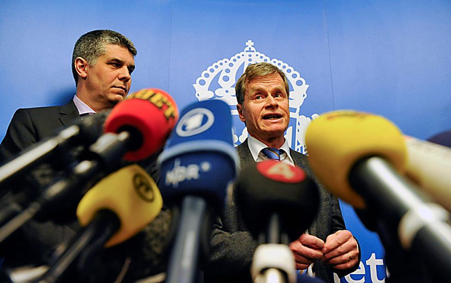 Head of Swedish Security Police, SAPO, security department Anders Thornberg, left, and Chief prosecutor Thomas Linstrand, right, talk to the media during a press conference Monday Dec. 13, 2010 in Stockholm. A Swedish prosecutor says police are "98 percent" certain the Stockholm suicide bomber is 28-year-old Taimour Abdulwahab who is a Swedish citizen but also lived several years in Britain. Lindstrand Monday said Abdulwahab has his roots in the Middle East and has been a Swedish citizen since 1992. Lindstrand said Abdulwahab was also the registered owner of the car that exploded in Stockholm shortly before the suicide blast Saturday. (AP Photo/Pontus Lundahl)