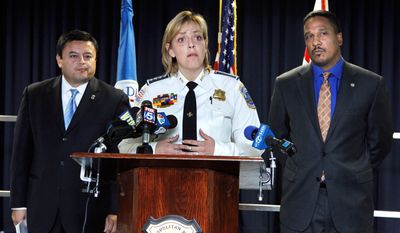 ASSOCIATED PRESS
Washington Police Chief Cathy Lanier is joined Tuesday by ICE Special Agent John Torres (left) and U.S. Attorney Ronald C. Machen Jr. in announcing that a Mexican cartel&#x27;s plan to sell large quantities of crystal methamphetamine in the District ended with a major drug seizure and nine indictments.