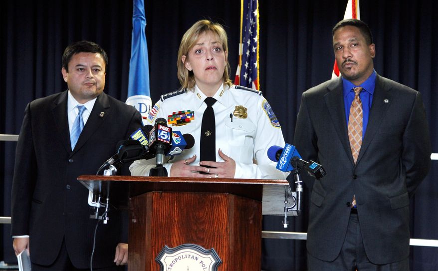 ASSOCIATED PRESS
Washington Police Chief Cathy Lanier is joined Tuesday by ICE Special Agent John Torres (left) and U.S. Attorney Ronald C. Machen Jr. in announcing that a Mexican cartel's plan to sell large quantities of crystal methamphetamine in the District ended with a major drug seizure and nine indictments.