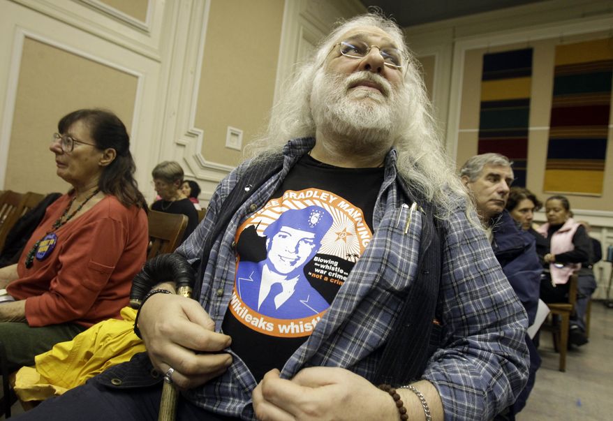 Bob Meola wears a T-shirt with an image of Pfc. Bradley Manning during a city council meeting in Berkeley, Calif., Tuesday, Dec. 14, 2010. The council has delayed consideration of a resolution bestowing hero status on Pfc. Manning, the soldier at the center of the Wikileaks fury. (AP Photo)