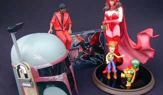 From left; Boba Fett Electronic Helmet, Michael Jackson&#x27;s Thriller, Batman Beyond: The Complete Series, Woody and Scarlet Witch Comiquette