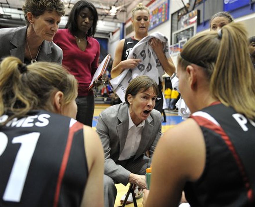 Stanford head coach Tara VanDerveer center, talks to her team during a timeout against DePaul during the first half of an NCAA college basketball game, Thursday, Dec. 16, 2010, in Chicago. (AP Photo/Jim Prisching)