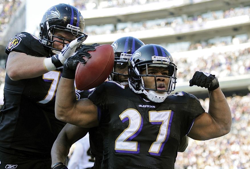 Baltimore Ravens running back Ray Rice (27) celebrates his touchdown-run during the first half of an NFL football game against the New Orleans Saints in Baltimore, Sunday, Dec. 19, 2010. (AP Photo/Nick Wass)