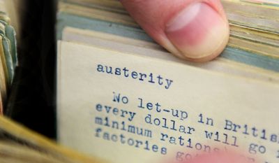 In this Tuesday, Dec. 14, 2010, photo, the word &quot;austerity&quot; is shown on an index card file at dictionary publisher Merriam-Webster Inc. in Springfield, Mass. Merriam-Webster has chosen &quot;austerity&quot; as its 2010 Word of the Year. (AP Photo/Charles Krupa)