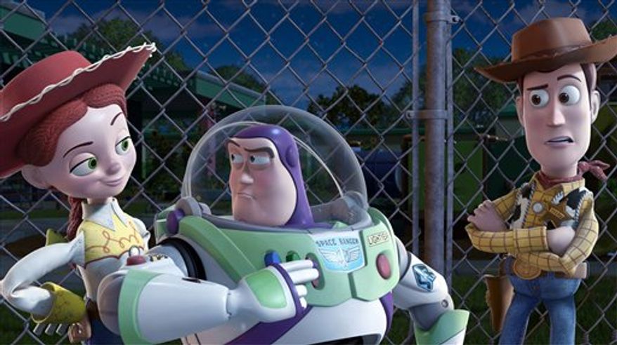 In this film publicity image released by Disney, from left, Jessie, voiced by Joan Cusack, Buzz Lightyear, voiced by Tim Allen and Woody, voiced by Tom Hanks are shown in a scene from "Toy Story 3." Domestic box-office revenues for 2010 won't quite hit last year's record-setting haul, but they'll be awfully close. Total movie-ticket sales will reach $10.556 billion, the tracking agency Hollywood.com said Tuesday, Dec. 28, 2010. "Toy Story 3" was the highest-grossing film released in 2010, earning nearly $415 million. (AP Photo/Disney Pixar) NO SALES