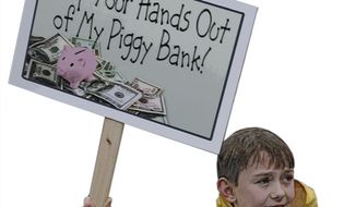 Illustration: Keep your hands out of my piggy bank by Greg Groesch for The Washington Times