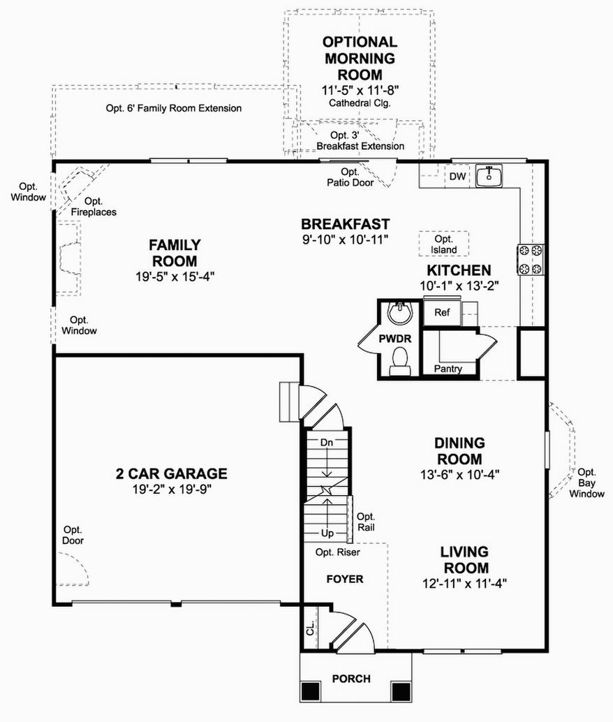 The Fairbanks model can be expanded with a morning room and a family-room extension. Upstairs are four bedrooms or three bedrooms and a loft, with a walk-in closet in each bedroom, and two full baths.
