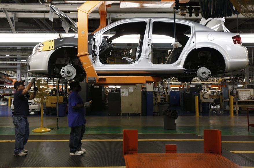 In this Dec. 6, 2010, file photo, line workers assemble a 2011 Dodge Avenger at the Chrysler Sterling Heights Assembly plant in Sterling Heights, Mich. Manufacturers produced more goods and booked more orders last month, leading to the fastest growth in factory activity since May. The Institute for Supply Management said Monday Jan. 3, 2011, that its index of manufacturing activity rose to 57 in December from 56.6 in the previous month. (AP Photo/Paul Sancya, File)