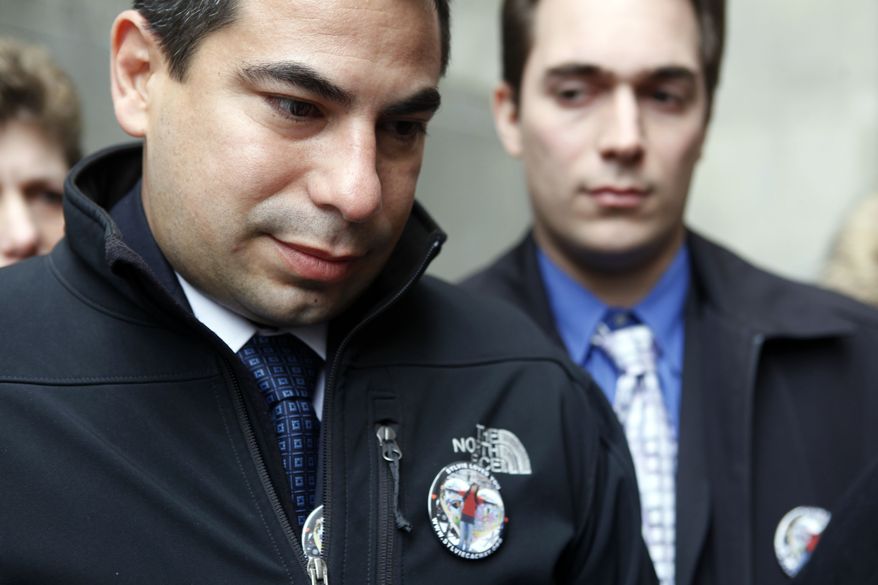 Patrick Orlando-Cachay (left) and David Orlando-Cachay speak to reporters outside criminal court in New York on Tuesday, Jan. 4, 2011, after the arraignment of Nicholas Brooks, who is accused of murdering their sister Sylvie Cachay. Mr. Brooks pleaded not guilty to murdering his swimsuit-designer girlfriend in a trendy Manhattan hotel. (AP Photo/Mary Altaffer)