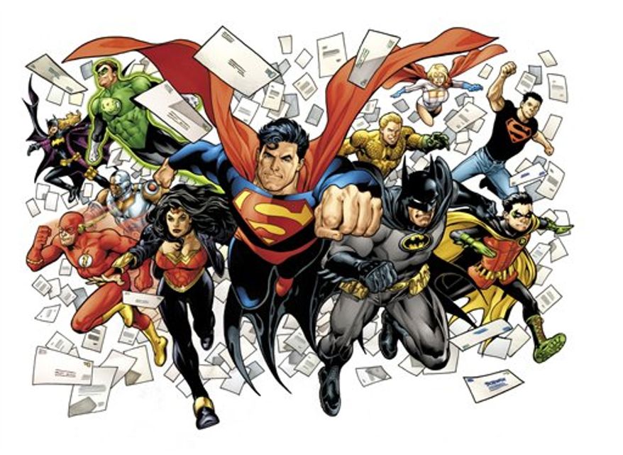 ** FILE ** In this publicity image released by DC Comics, including, front row from left, The Flash, Wonder Woman, Superman, Batman and Robin, back row from left, Batgirl, Cyborg (behind The Flash), Green Lantern, Aquaman, Power Girl and Superboy are shown. (AP Photo/DC Comics)