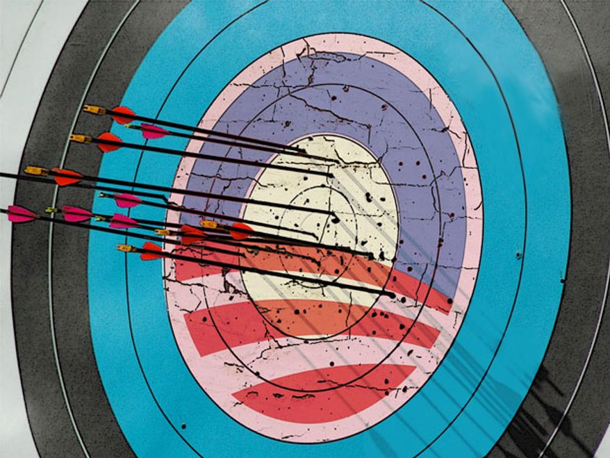 Illustration: Obama policy target by Greg Groesch for The Washington Times