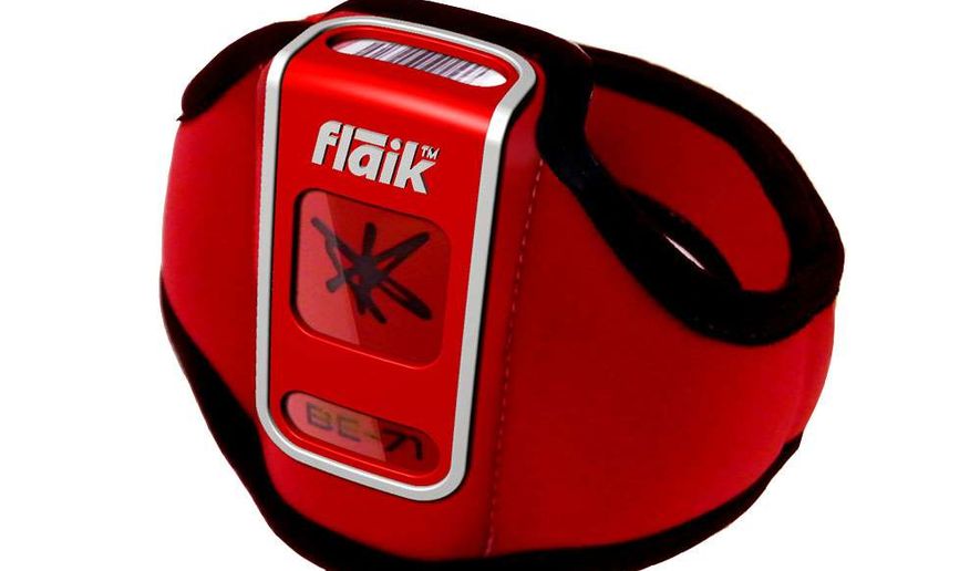 This product image courtesy of flaik shows the flaik Tag device. Nearly a dozen ski resorts worldwide are starting to use a GPS tracking system for students and instructors called flaik (pronounced like snowflake). A flaik is a small beacon the size of a deck of cards that is strapped to the leg. If a student moves beyond a certain distance from her instructor, it sends out an automatic alert. The distance is set by the ski resort based on the level of the class. (AP Photo/flaik)