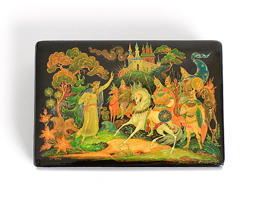 Lacquerware has been produced in Russia since 1721, and often portrays fairy tales or folk scenes.  It is hand-painted and covered with as many as 10 coats of lacquer, then polished to a brilliant shine.  This box was a gift to Ronald Reagan from Yuri Dubinin, the ambassador of the Soviet Union in 1987. Photo: National Archives, Ronald Reagan Presidential Library and Museum