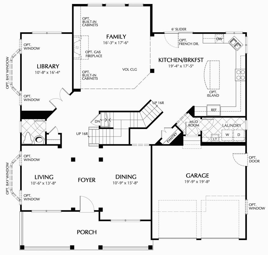 The Emerson model includes a two-story family room, a library, a formal living room, a formal dining room, and a center-island kitchen with a breakfast area on the main level. Buyers can add a sunroom off the kitchen.