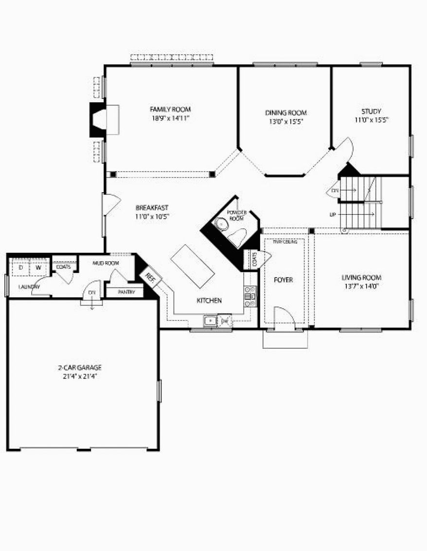 The Torino has a family room with a fireplace, a dining room and a study across the back of the house. Upstairs are four bedrooms and two full baths.
