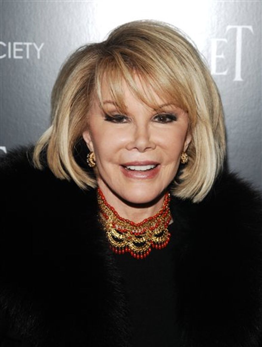 FILE - In this Dec. 13, 2010 file photo, comedian Joan Rivers attends a Cinema Society screening of "Blue Valentine" in New York. (AP Photo/Peter Kramer, file)