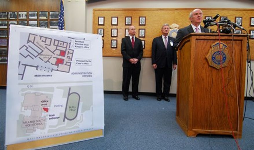 Omaha Mayor Jim Suttle speaks to reporters Thursday, Jan. 6, 2011, on Wednesday's shootings at Millard South High School in the city. (AP Photo/Dave Weaver)