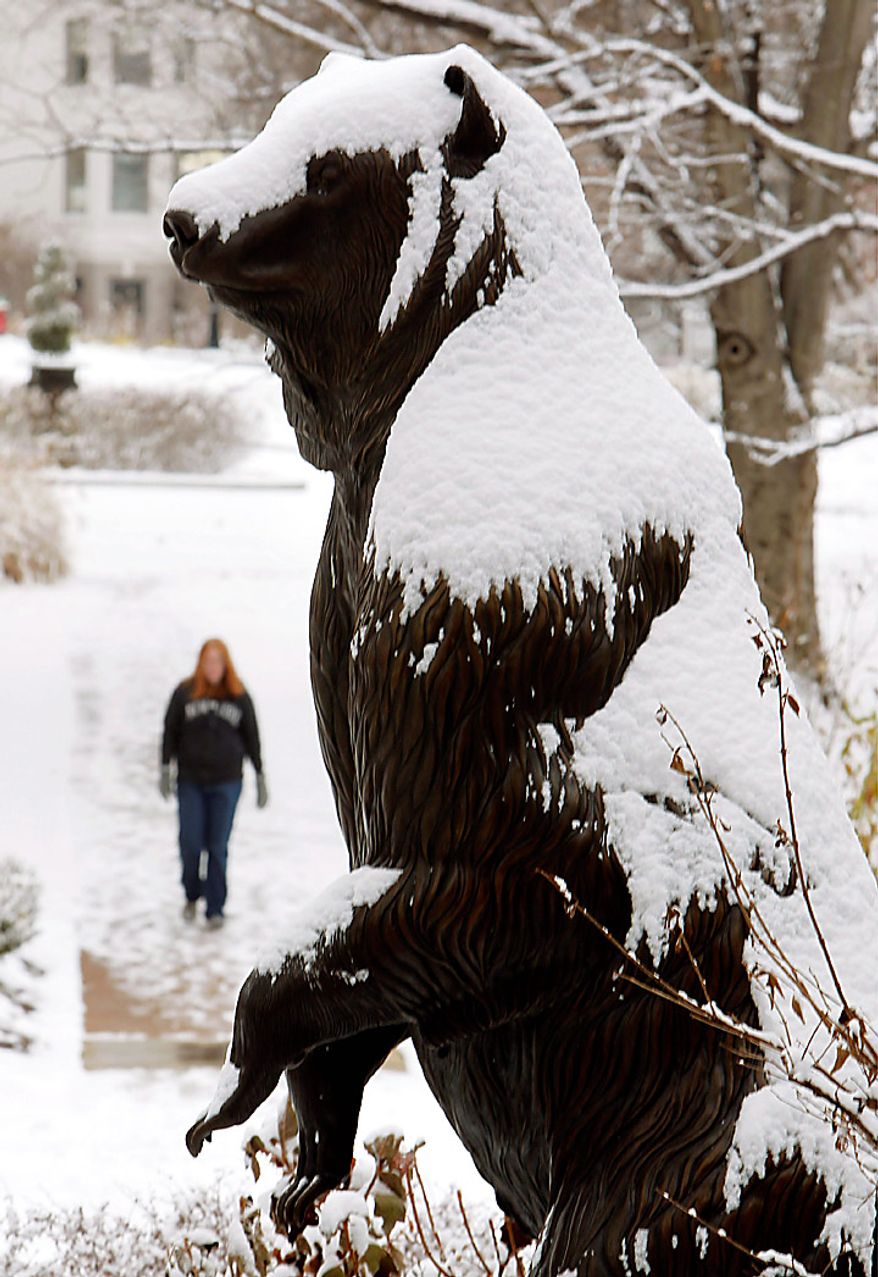 A statue of the Belmont University bear mascot is covered in snow on Monday, Jan. 10, 2011, in Nashville, Tenn. Sleet, ice and several inches of snow, as much as 9 inches in some places, blanketed states from Louisiana to the Carolinas mostly unaccustomed to arctic weather and caused at least three deaths and left thousands without power. (AP Photo/Mark Humphrey)