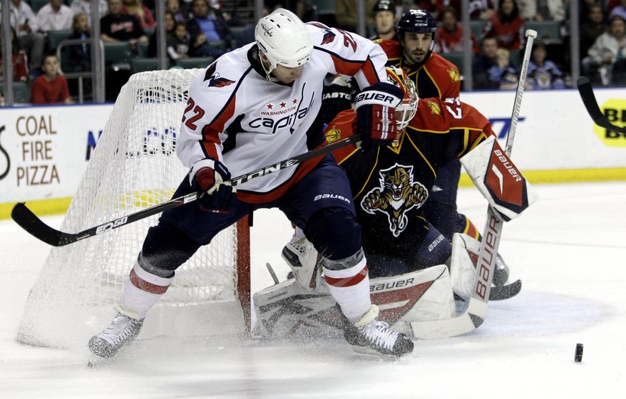 Florida Panthers goalie Tomas Vokoun (29) makes a save as Washington Capitals&#39; Mike Knuble (22) attempts a shot on the goal in the first period during an NHL hockey game in Sunrise, Fla., Tuesday, Jan. 11, 2011. (AP Photo/Lynne Sladky)