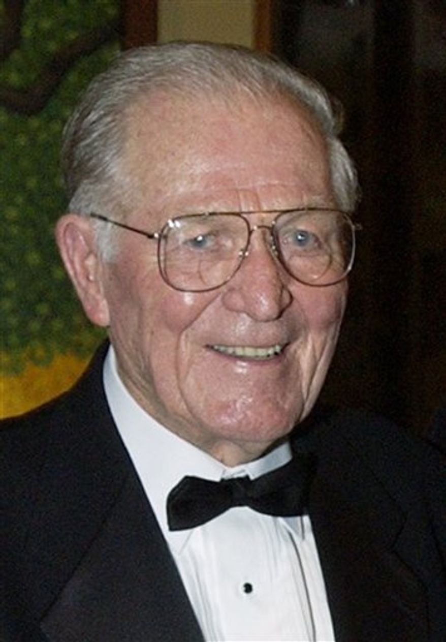 FILE - Maj. Richard "Dick" Winters is seen in Sept. 22, 2002 file photo. Winters died Jan. 2, 2011 in central Pennsylvania, a family friend confirmed Monday, Jan. 10, 2011. Winters, was the man whose quiet leadership was chronicled in the book and television miniseries "Band of Brothers." He was 92. (AP Photo/Laura Rauch, File)