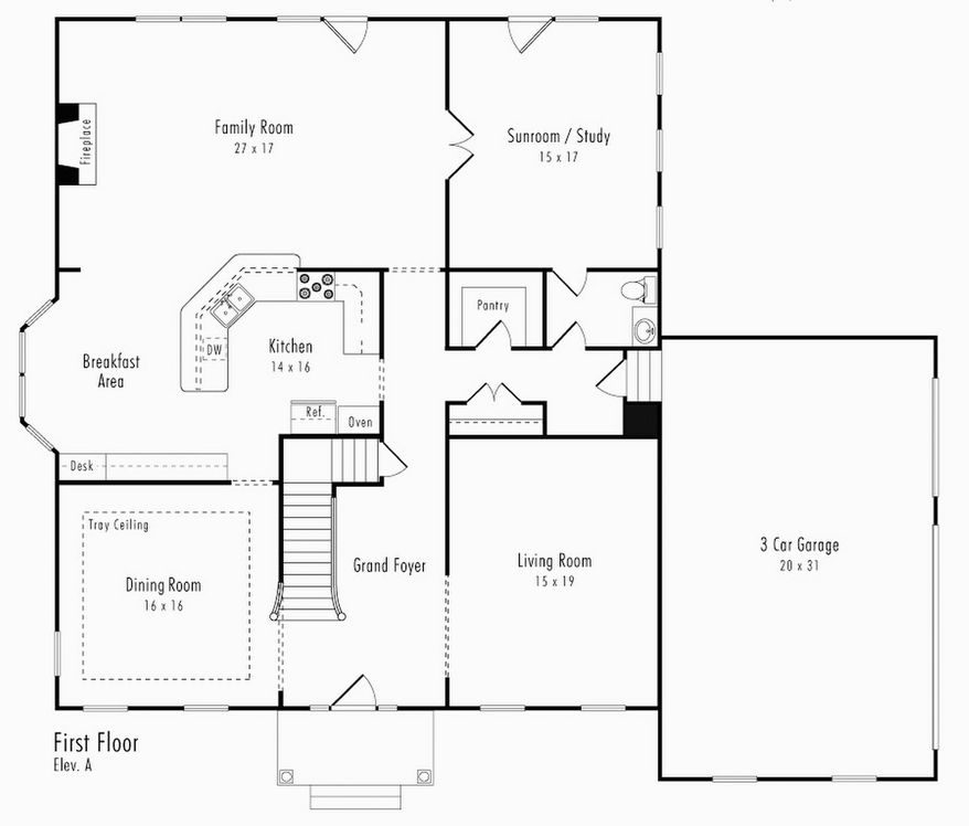 The Dennison model features an open family room, kitchen and breakfast area with a bay window. The family room includes a fireplace and multiple windows. Upstairs are four bedrooms, including the master suite, which has a sitting room, two walk-in closets and a luxury bath.