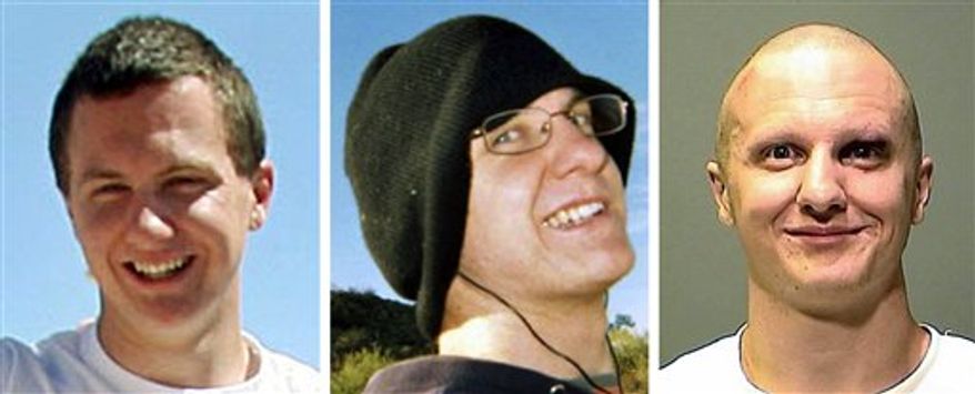 FILE - This combination image of three file photos shows Jared Lee Loughner, the gunman accused of trying to assassinate Arizona Rep. Gabrielle Giffords and killing six others. From left to right Loughner is seen at the Tucson Festival of Books in a March 2010 photo by Mamta Popat of the Arizona Daily Star, in an undated photo obtained from MySpace, and in another undated photo released by the Pima County Sheriff's Office to the The Arizona Republic. Loughner was not on any government watch list before the shooting. (AP Photo/Files) MANDATORY CREDIT. NO MAGAZINES. NO SALES.