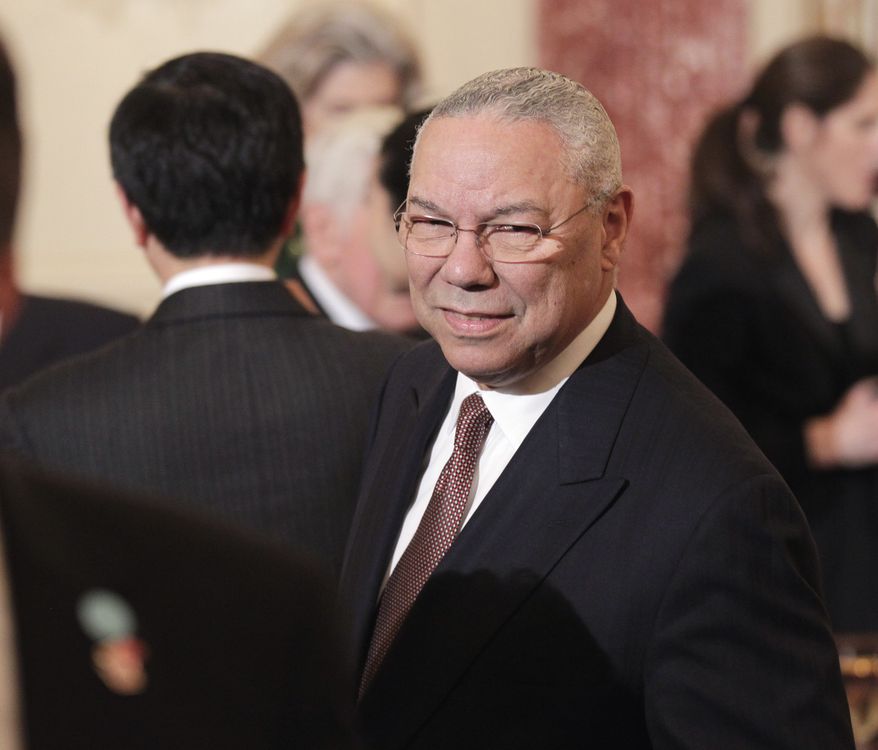 Former Secretary of State Colin Powell arrives for a luncheon for Chinese President Hu Jintao on Wednesday, Jan. 19, 2011, at the State Department in Washington. (AP Photo/Pablo Martinez Monsivais)
