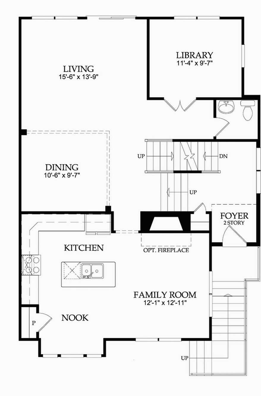 The Stratford model includes an open center-island kitchen, breakfast area and family room at the front of the main level, along with a dining room, living room and library. Upstairs are three bedrooms and two full baths.