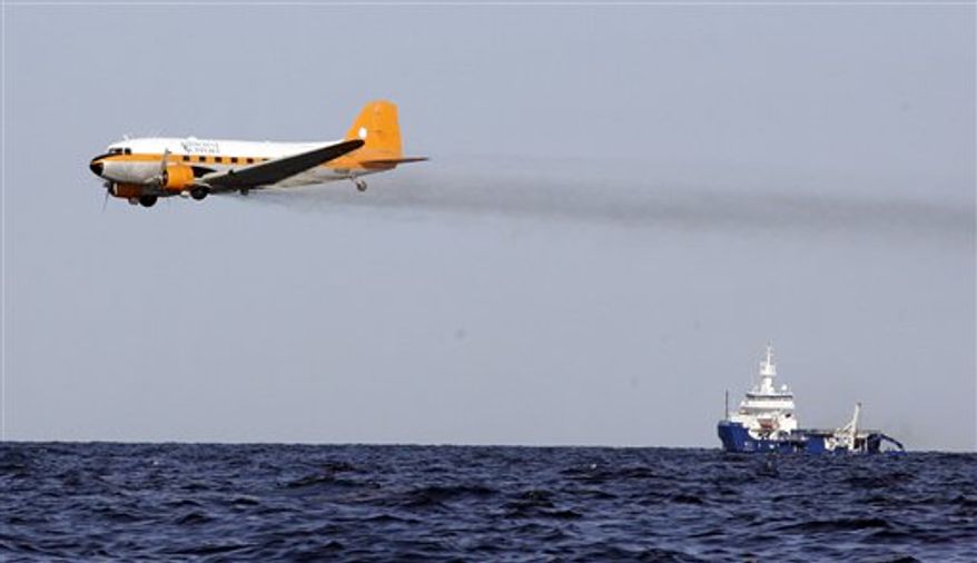 FILE -This June 3, 2010 file image from video provided by BP PLC shows oil dispersant being applied at the oil leak in the Gulf of Mexico. The white wand in the center is releasing the dispersant. The first peer-reviewed study looking at the effectiveness of chemical dispersants used deep undersea on the BP oil spill found mixed results. It appeared to keep some oil from bubbling up to the surface where it could do worse damage, but it didn't appear to biodegrade the oil quite as fast as promised. (AP Photo/BP PLC, File)