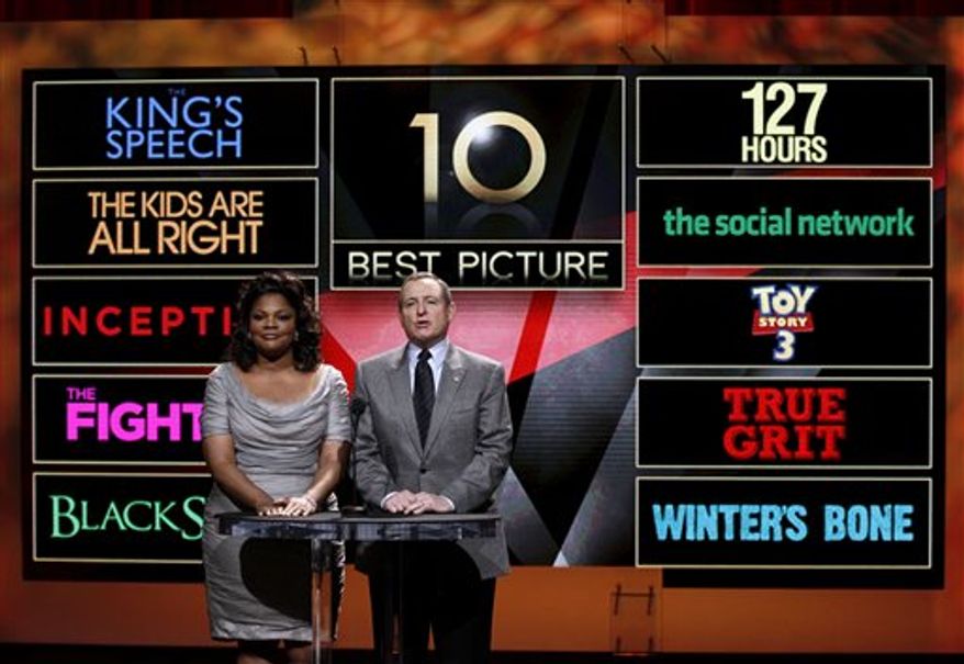 Actress Mo'Nique and The Academy of Motion Picture Arts and Sciences President Tom Sherak announce the Best Picture nominations for The 83rd Annual Academy Awards on Tuesday, Jan. 25, 2011 in Beverly Hills, Calif. The 83rd Annual Academy Awards will take place on Sunday, Feb. 27, 2011 at the Kodak Theatre in Los Angeles. (AP Photo/Matt Sayles)