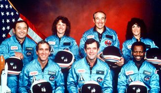 This 1986 file photo provided by NASA shows the crew of the space shuttle Challenger. From left are Ellison Onizuka, Mike Smith, Christa McAuliffe, Dick Scobee, Greg Jarvis, Ron McNair and Judith Resnik. (AP Photo/NASA) ** FILE **