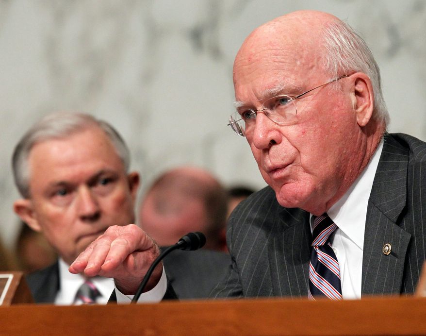 Senate Judiciary Committee Chairman Sen. Patrick J. Leahy, Vermont Democrat, chided Republicans Thursday for delaying a nominee hearing. (Associated Press)