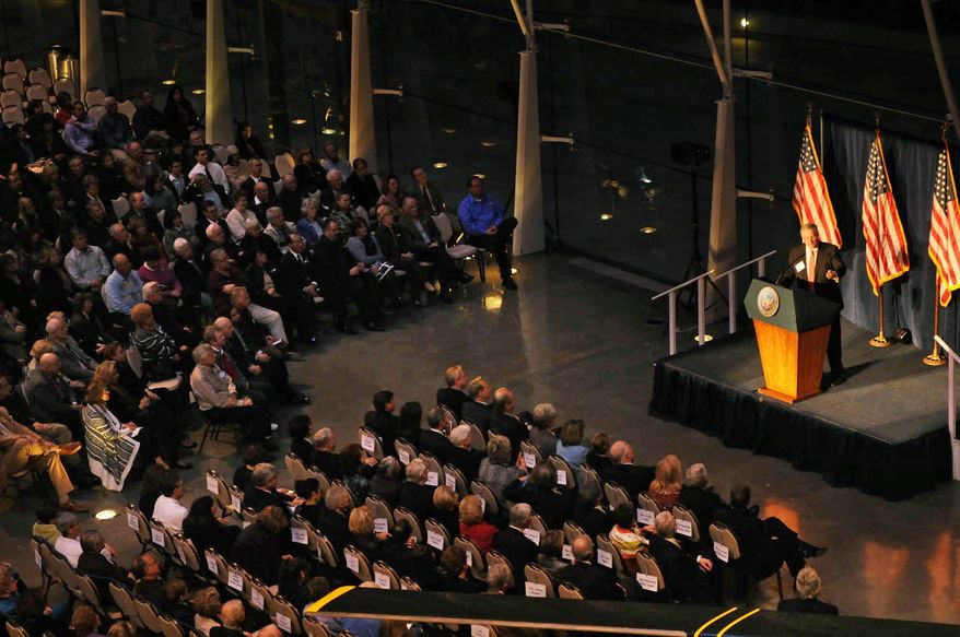 Publisher Steve Forbes speaks to an audience in the Air Force One Pavilion at the Ronald Reagan Library and Museum in Simi Valley, Calif., Friday. He likened the current economic situation to the one that President Reagan inherited in 1981. (Garrett Cheen/Special to The Washington Times)