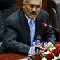 Yemen&#39;s President Ali Abdullah Saleh tells parliament in capital Sanaa Wednesday, Feb. 2, 2011, that he will not seek another term in office or hand power to his son ¡n an apparent reaction to protests in this impoverished nation that have been inspired by Tunisia&#39;s revolt and the turmoil in Egypt. (AP Photo/Hani Mohammed)