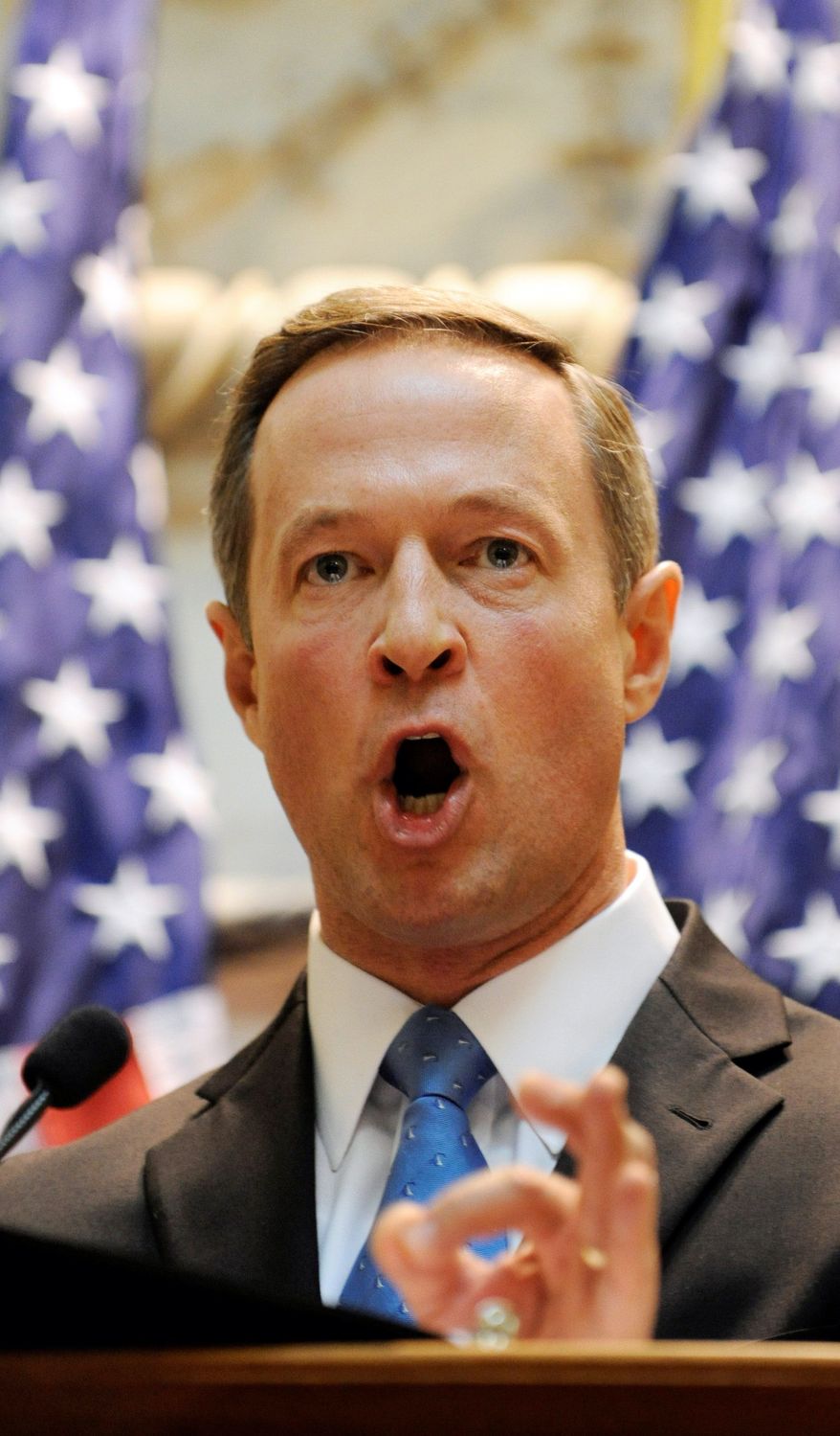 **FILE** Maryland Gov. Martin O'Malley makes a point while giving his State of the State speech on Feb. 3 in Annapolis, Md. (Associated Press)