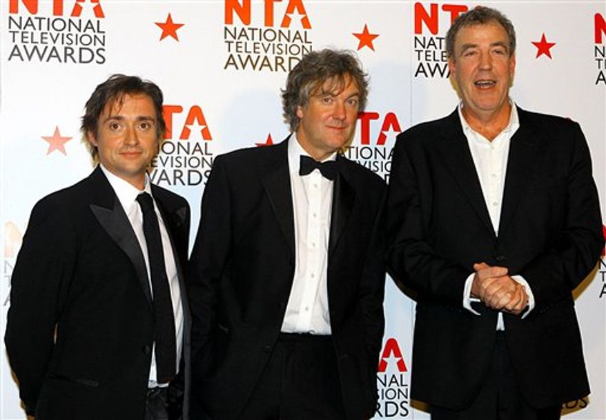 FILE - This is a Jan. 26, 2011 file photo of Top Gear presenters Richard Hammond, left, James May, centre, and Jeremy Clarkson. The BBC apologized Friday Feb. 4, 2011 to Mexico's ambassador for remarks on its "Top Gear" program that described Mexicans as lazy and oafish. The remarks came in a segment in which presenter Richard Hammond claimed that cars imitate national characteristics. "Mexican cars are just going to be a lazy, feckless, flatulent, oaf with a mustache leaning against a fence asleep looking at a cactus with a blanket with a hole in the middle on as a coat," he said. Presenter James May mocked Mexican food, while Jeremy Clarkson suggested the ambassador would be too busy sleeping to register his outrage. (AP Photo/Gareth Fuller/PA) UNITED KINGDOM OUT NO SALES NO ARCHIVE