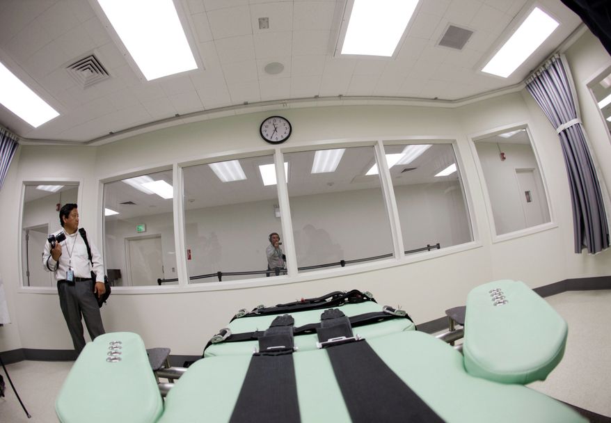 An empty gurney gives a condemned inmate's view of the new lethal injection facility at San Quentin State Prison in California. A federal judge who shut down the death chamber five years ago returned Tuesday with officials, reporters and photographers to inspect it again. (Associated Press)