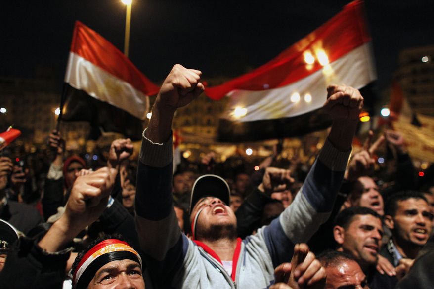 Anti-government protesters demonstrate in Tahrir Square in downtown Cairo, Egypt Thursday, Feb. 10, 2011. (AP Photo/Tara Todras-Whitehill)