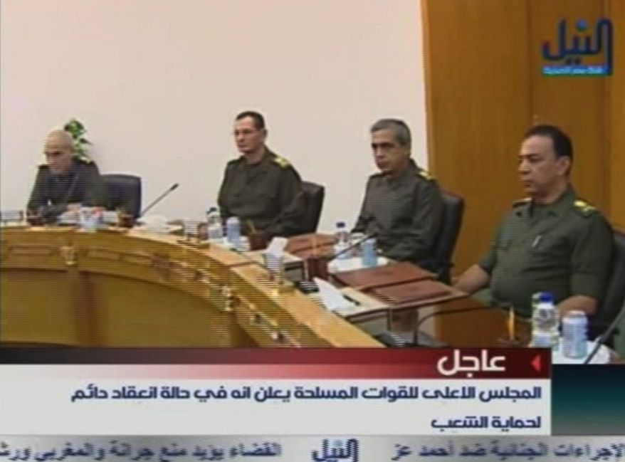 Members of Egypt's military supreme council attend a meeting in this image taken from TV Thursday, Feb. 10, 2011. President Hosni Mubarak will meet the demands of protesters, military and ruling party officials said Thursday in the strongest indication yet that Egypt's longtime president may be about to give up power and that the armed forces were seizing control. (AP Photo/Nile TV via APTN)