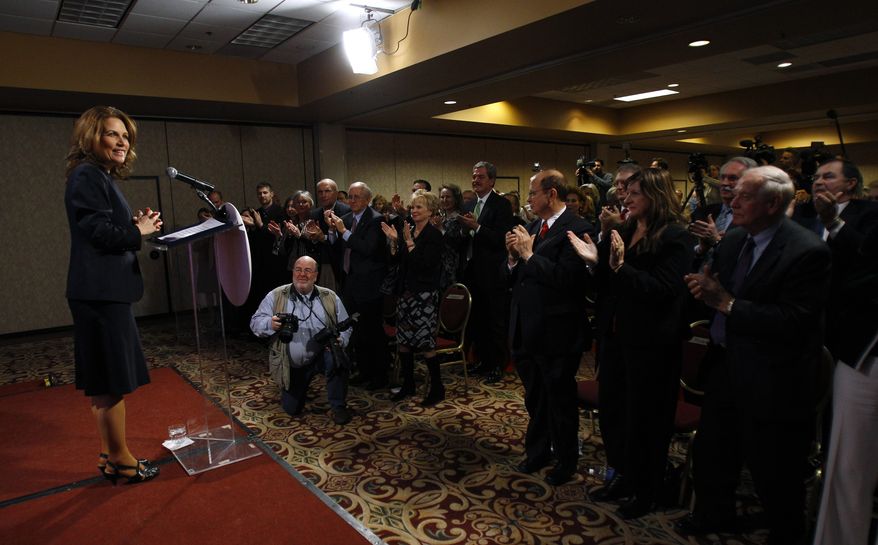 ** FILE ** Rep. Michele Bachmann, Minnesota Republican, speaks at a reception in Des Moines, Iowa, on Friday, Jan. 21, 2011. (AP Photo/Charlie Neibergall, File)