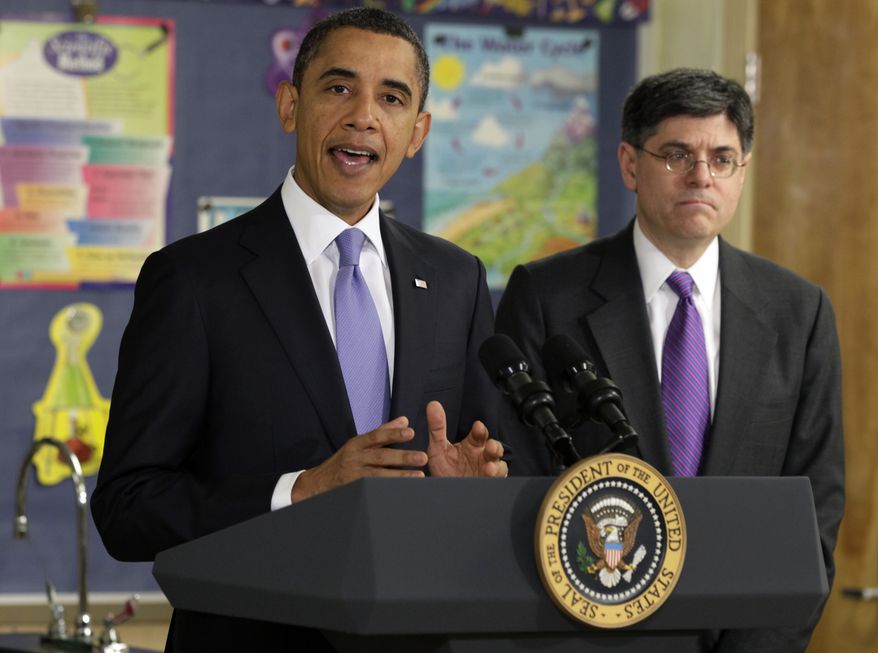 President Barack Obama speaks at Parkville Middle School and Center of Technology, in Parkville, Md., Monday, Feb., 14, 2011. At right is Office of Management and Budget Director Jacob Lew. (AP Photo/Carolyn Kaster)