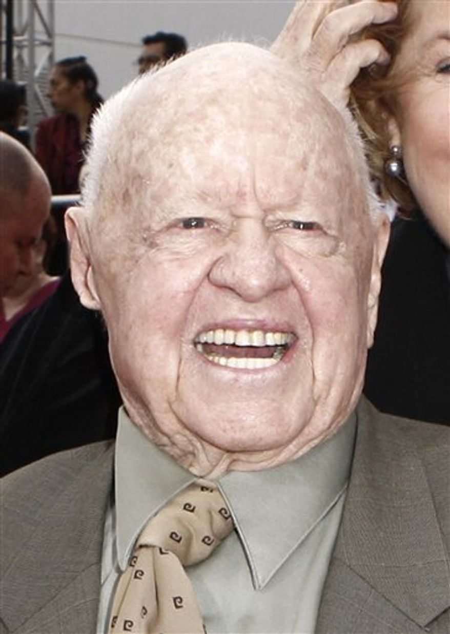 FILE - In this Oct. 27, 2009 file photo, actor Mickey Rooney arrives at the premiere of "Michael Jackson's This Is It," in Los Angeles. (AP Photo/Matt Sayles, file)