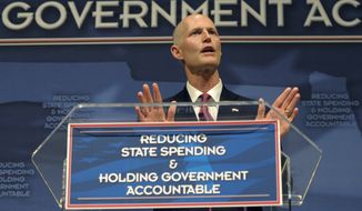 Florida Gov. Rick Scott announces his new budget during a tea party event in Eustis, Fla., on Monday, Feb. 7, 2011. (AP Photo/Phelan M. Ebenhack)
