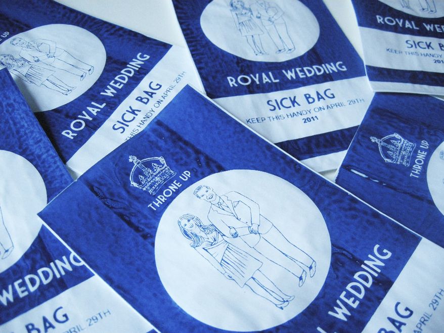 This image made available Wednesday, Feb. 16, 2011, shows a royal wedding souvenir for those who are less that enthusiastic about the forthcoming wedding of Britain's Prince William and Kate Middleton -- a special edition sick bag. The bags, similar to those used on airlines and decorated with a crown, a drawing of the royal couple and the slogan "Throne Up", sell for three pounds (US$ 4.83; euro 3.58), and are the idea of illustrator Lydia Leith, who is selling via her website. (AP Photo/Lydia Leith, ho)