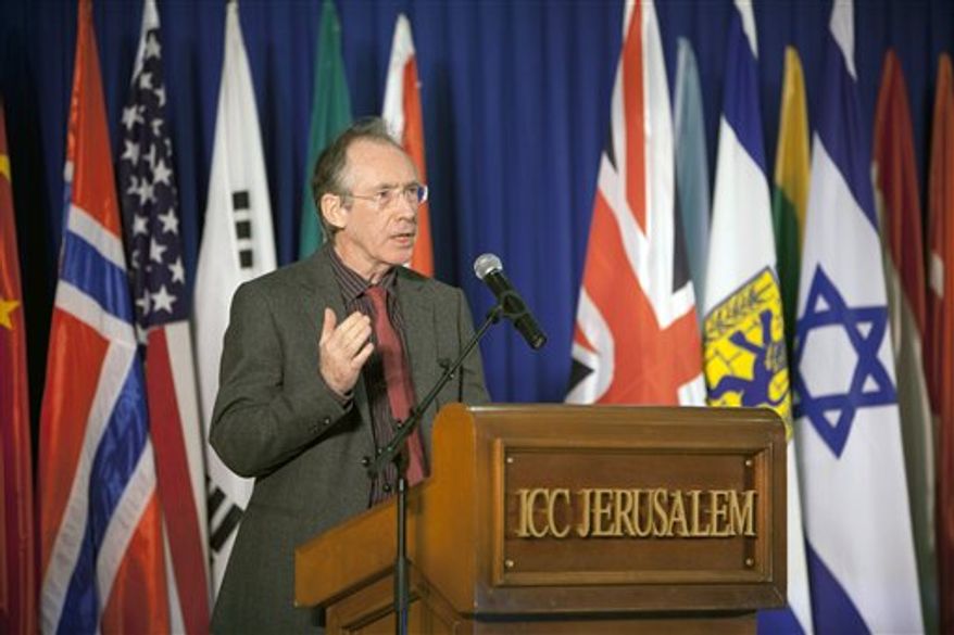 English author Ian McEwan speaks at the awarding ceremony of the Jerusalem Prize, Israel's highest literary honor for foreign writers, at the Jerusalem International book fair in Jerusalem, Sunday, Feb. 20, 2011. McEwan has accepted an Israeli literary prize in Jerusalem with harsh criticism of Jewish settlements in the West Bank. (AP Photo/Oded Balilty)