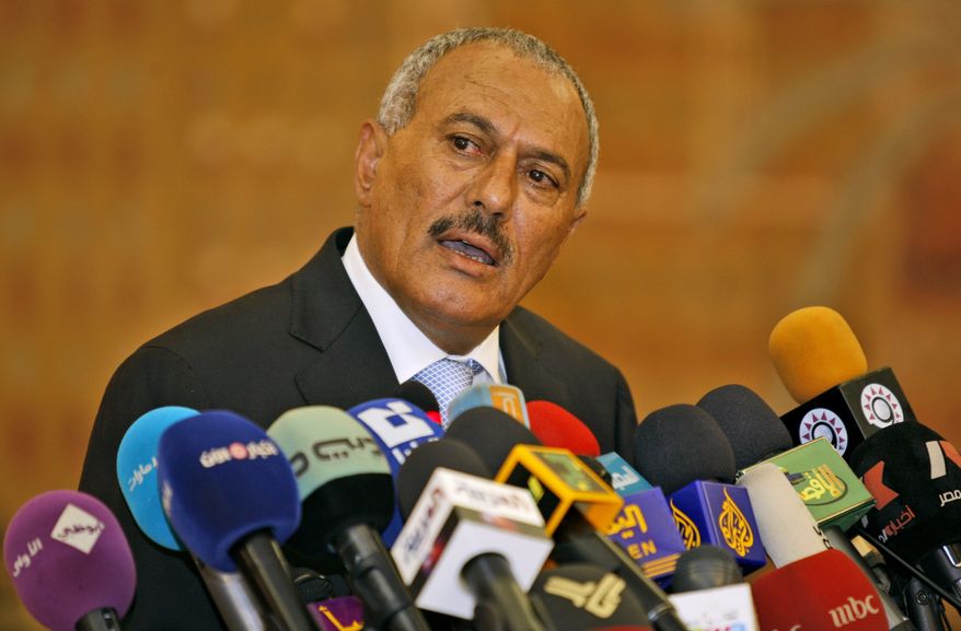 Yemeni President Ali Abdullah Saleh speaks during a media conference in Sanaa, Yemen, on Monday, Feb. 21, 2011. Mr. Saleh rejected demands that he step down and said the widespread demonstrations against his regime were unacceptable acts of provocation, though he renewed calls for talks with protesters. (AP Photo/Hani Mohammed)