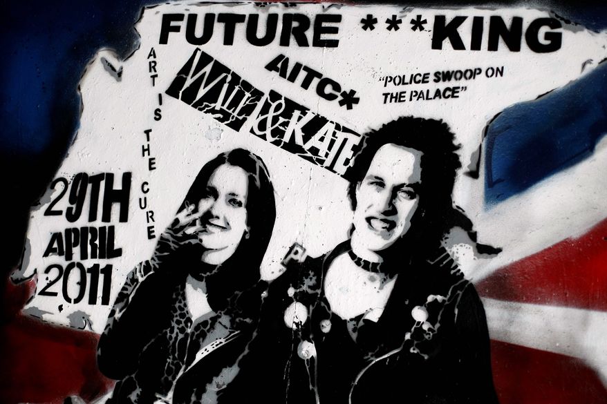 A graffiti portrait of Prince William and Kate Middleton by street artist Rich Simmons in London is probably not quite the wedding portrait they had in mind. (Associated Press)
